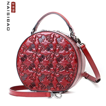 

NASIBAO 2020 New Genuine Leather bag Embossed Handbags top Cowhide Tote Style Ladies Round Bag shoulder Messenger bag S91119