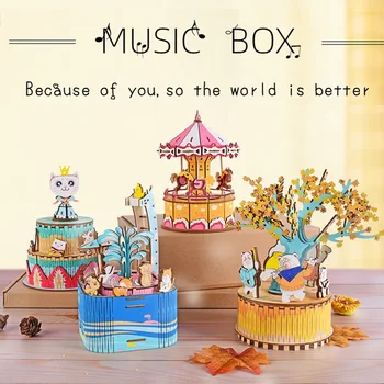 

4 Toy Gifts for Children Adult by Carousel Cat Princess Deep Autumn Carnival Pool Party Wooden Jigsaw Combinator Music Box