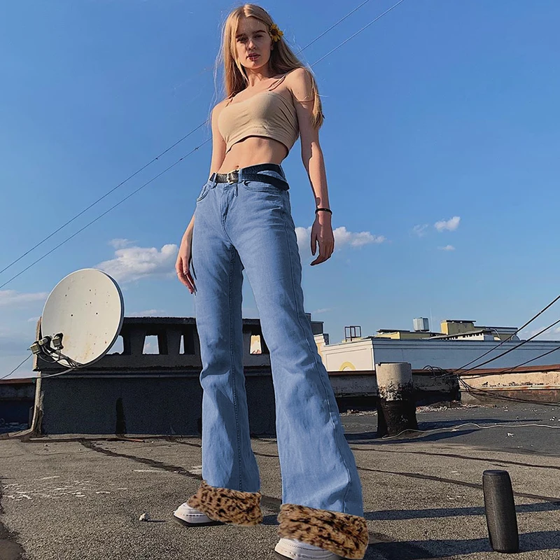 

Patchwork Leopard Fur Y2k Blue Flared Jeans For Girls Female 2020 New Women's Fashion Denim Pants Woman High Waisted Trouser