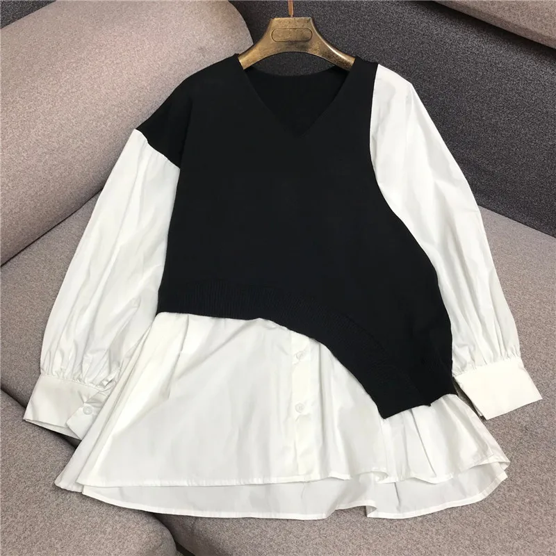 #Special Offers Luxury Designer Brand Knitted Pullovers for Women Causel V Neck Black White Irregular Stitching Shirt Knitted Sweater
