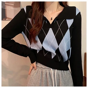 Ladies Sweaters Autumn Winter New Plaid Long Sleeve Top Loose POLO Collar Sweater Women Knitted Pullover Pull Femme luxe Fashion ugly christmas sweater