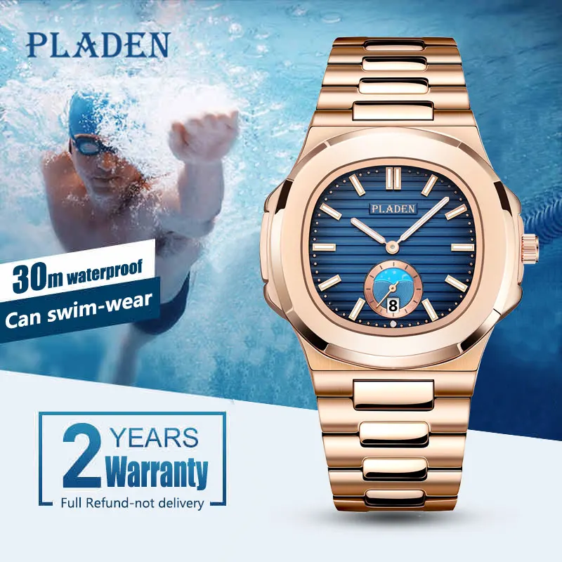 PLADEN Unique Watch Men Luxury Gold Mens Watches Top Brand Luxury Stainless Steel Mens Fashion Blue Quartz Watch Gifts For Men