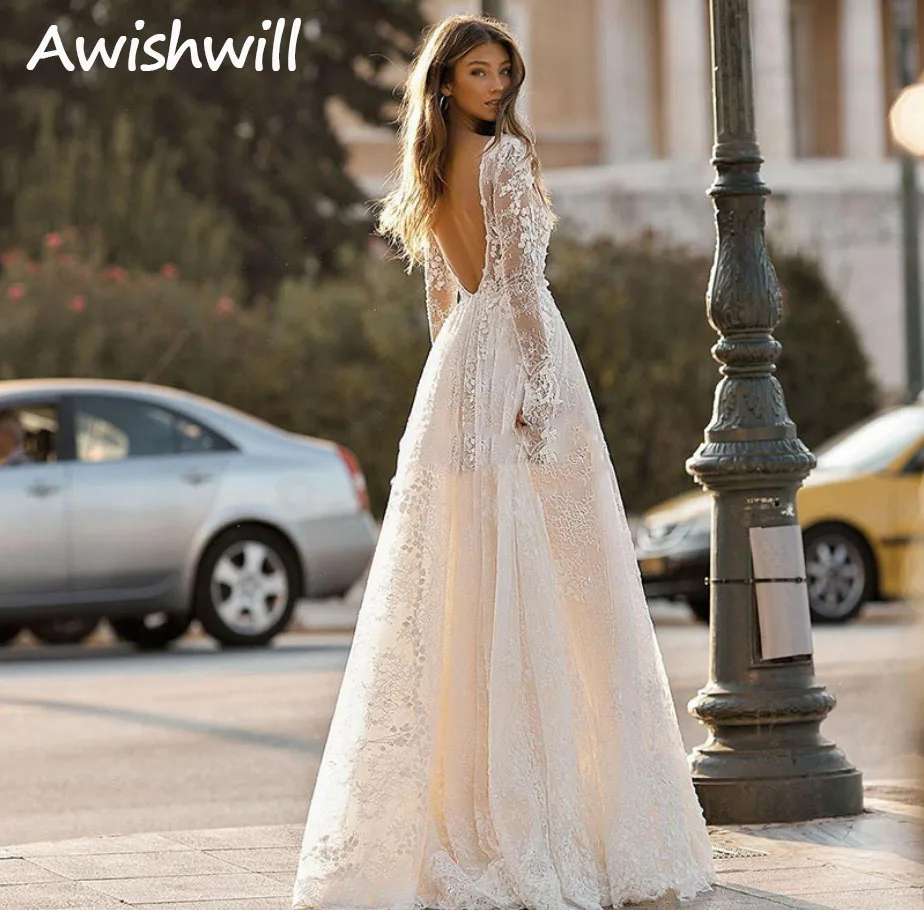 Sexy Open V-Neck Lace Appliques Long Skirts Long Sleeves High-Quality Party Dress long gown