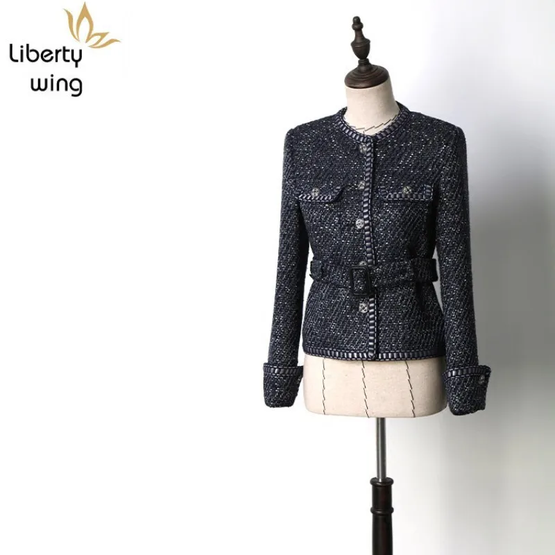 

Top Quality Spring Autumn Sashes Women Tweed Short Outerwear Coats Single Breasted O-Neck Slim Fit Elegant Office Ladies Jackets