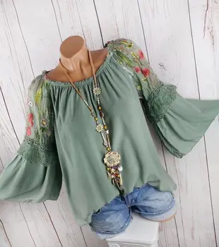 

2018 Women Off Shoulder Floral Embroidery Lace Flare Sleeve Tee shirt Tops Chiffon Blouse