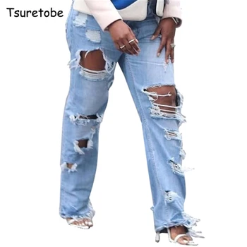 

Tsuretobe Streetwear Hole Ripped Jeans For Women Fashion High Waist Denim Pencil Pants Casual Ladies Tassel Jeans Mujer Trousers