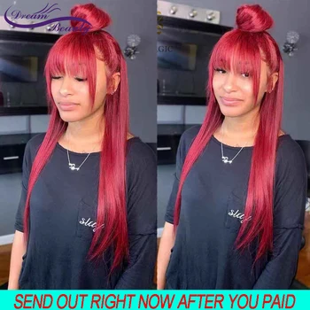 

Burgundy Red 4*4 Lace Closure Wigs Colored Hair Wigs Brazilian Red Color Closure Wig With Bangs