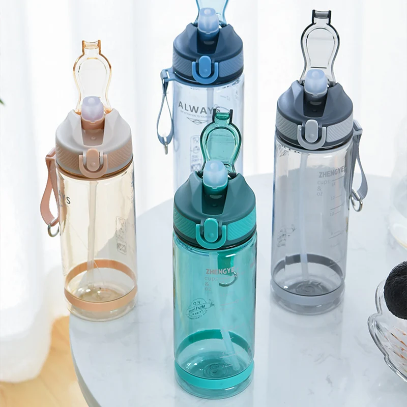 800ml Sports Water Bottle with straw For Camping Hiking Outdoor Plastic Transparent BPA Free Bottle For men Drinkware
