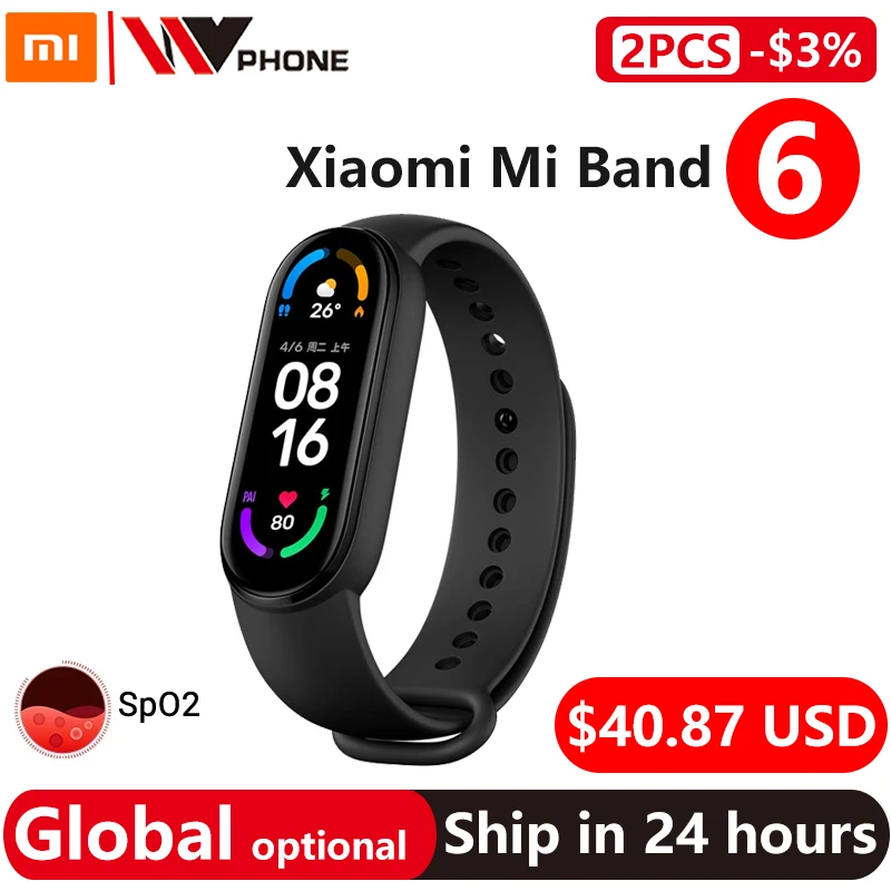 Xiaomi-pulsera inteligente Mi Band 6, accesorio deportivo con control del ritmo cardíaco y Bluetooth, versión global opcional, 5 colores, AMOLED, oxígeno en sangre