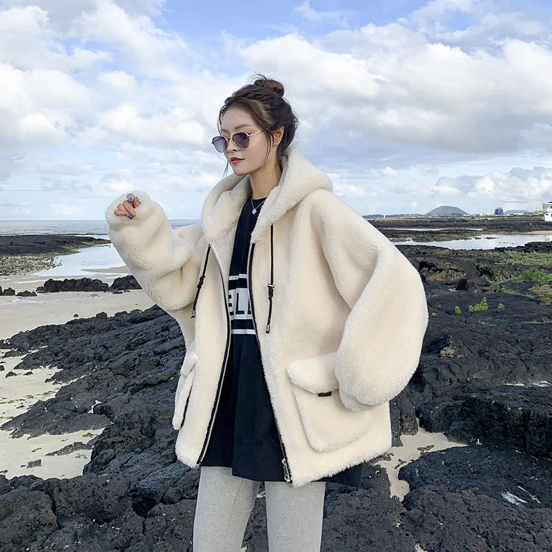 

Photo Shoot Lambs Wool Coat Women's Short 2019 Winter New Style CHIC Korean-style Loose-Fit Online Celebrity Hooded Plush Cotton