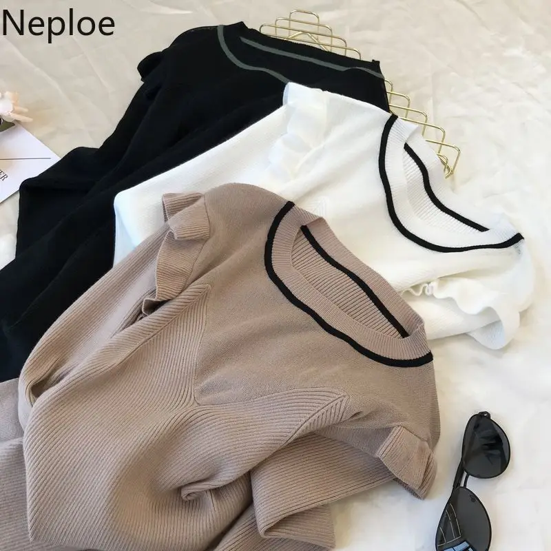 Neploe Ins/элегантный трикотажный женский свитер с О-образным вырезом, с оборками, приталенный, с налокотниками, в стиле кэжуал, кружевной контрастный цвет, свитер, пуловер, тонкий, 46829