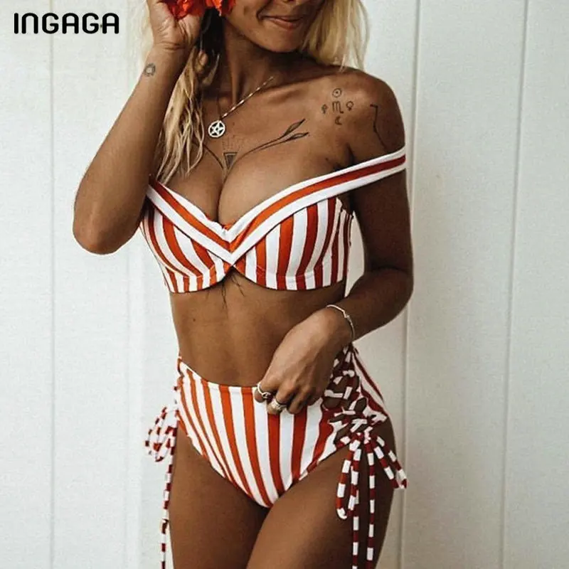 

INGAGA Push Up Bikini 2019 Mujer High Waist Swimwear Women Striped Swimsuit Tie-waist Bathing Suit Women Off Shoulder Biquini