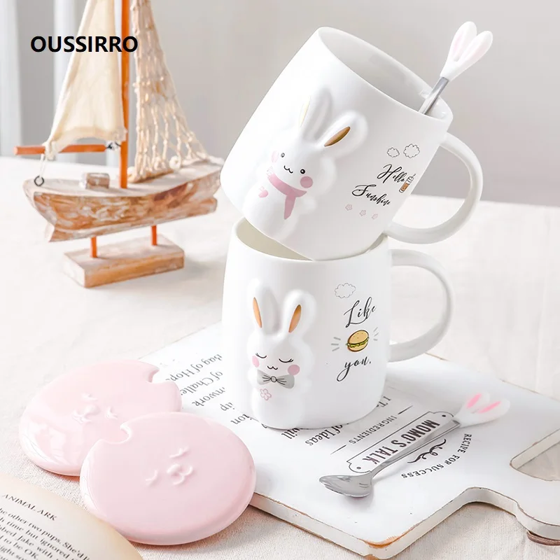 

OUSSIRRO Cute Rabbit Ceramics Mug With Lid Large Capacity 460ml Mugs Coffee Milk Tea Cups Novelty Gifts