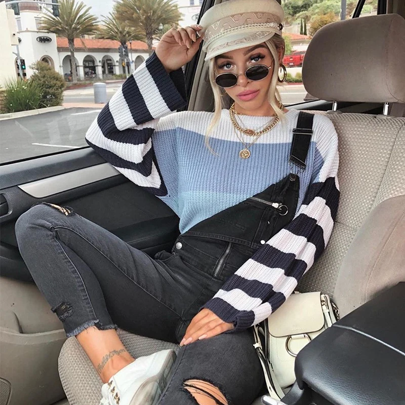

Women's Winter Sweater Knitting Pullover Loose Long Sleeve Gray Ribbed Sweater Ladies Crewneck Woman Sweater Knitting Pullovers