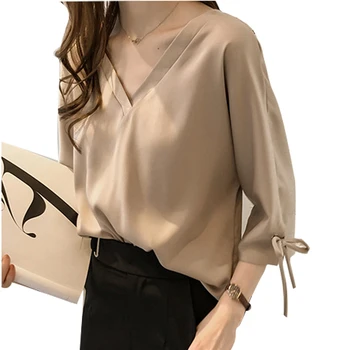 

Spring Autumn Tops Office Ladies Blouse Fashion Long Sleeve Bow Loose White Shirt Female Work Blouses Blusas T8