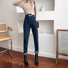 Весенние модные женские джинсовые брюки с высокой талией, необычные женские винтажные джинсы с тремя пуговицами, Длинные свободные брюки, опт