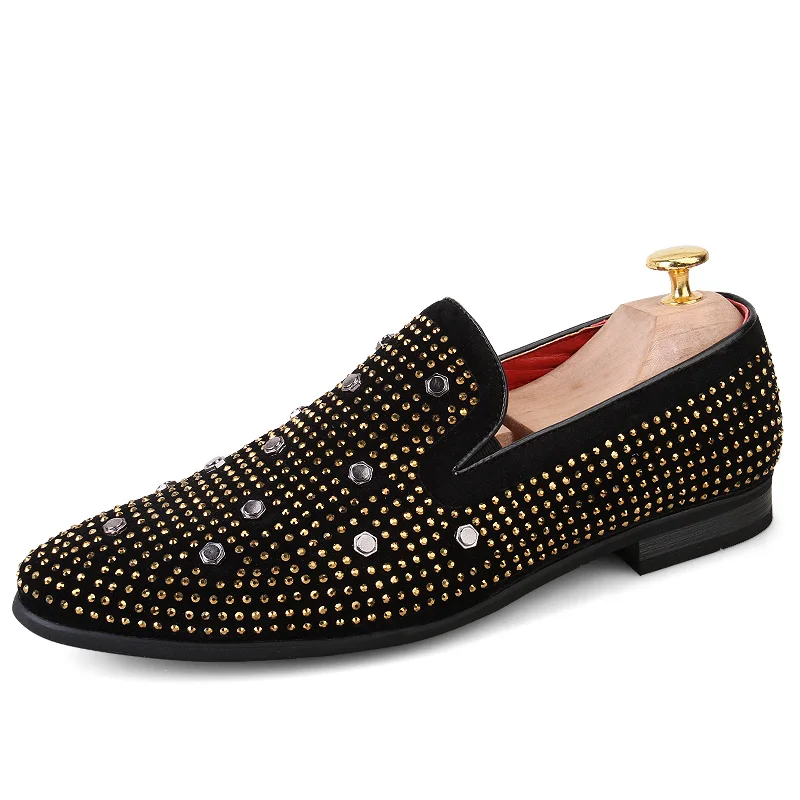 QUAOAR Fashion Men dress shoes rivet Rhinestone Black Party Wedding Shoes Pointed toe flats Driving Loafers men | Обувь