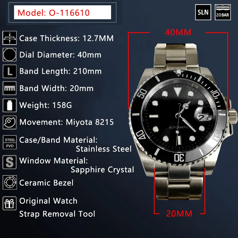 Автоматические механические наручные часы для мужчин Miyota 8215 diver 200m sub mariner 40 мм сапфировый поворотный керамический ободок силиконовые мужские часы