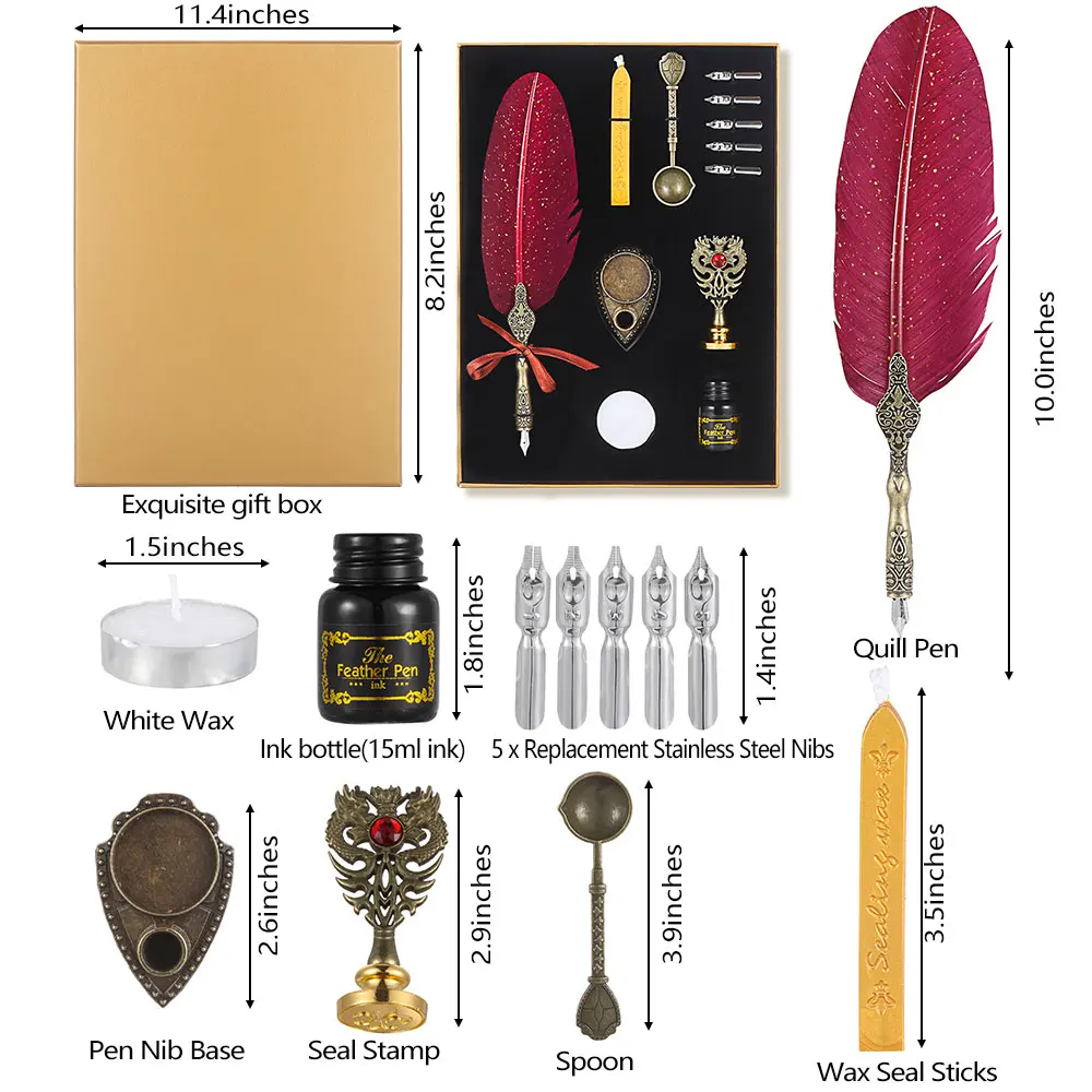 1Set Wax Seal Stamp Kit Quill Pen ink Set Feather Dip Pen Vintage Romantic Multi Function Writing Tools Craft Supplies