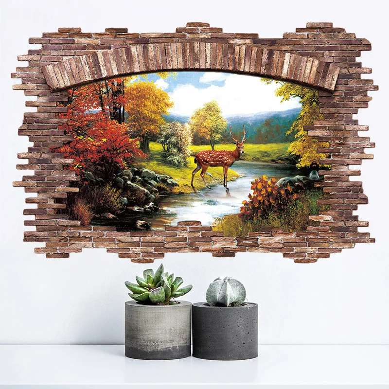 Deer Landscape 3D Wall Stickers Woody Window View Vinyl Decals Children Room Home Decor PVC Decals/Adhesive | Дом и сад