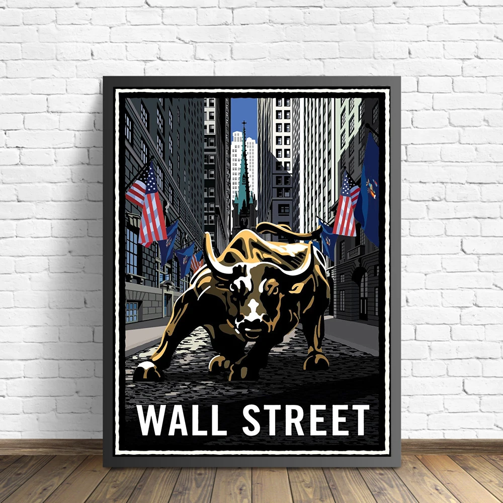New York Landmark Charging Wall Street Bull Oil Painting Poster Modern