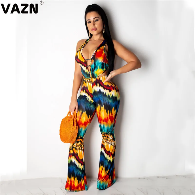 VAZN GDAN18155 high quality girl colorful print jumpsuit sleeveless long pant jumpjsuits halter sexy club bandage wind rompers