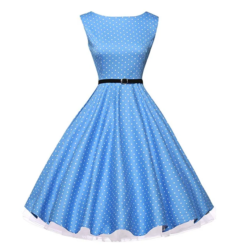 Blue Для женщин 50s с коротким рукавом и поясом в стиле ретро; красные платья для девочек в белую и черную горошек Винтаж 60s рокабилли Pin Up платья для торжественных событий; Нижняя юбка - Цвет: Blue