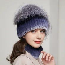 100% Women Scarves Set Natural Fur Hats Knit Hat Scarf Real Rex Rabbit Fur Hot Sale Winter Warm Fashion Princess For Ladies