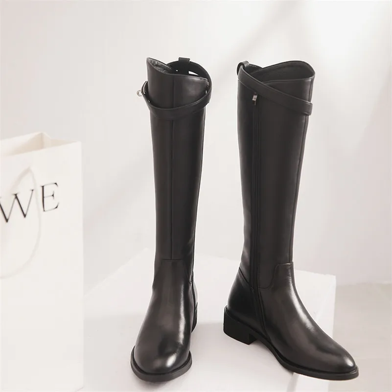 Black Velvet Lining Meotina/Осенние Сапоги до колена; женские сапоги для верховой езды из натуральной кожи на квадратном каблуке; обувь на молнии с пряжкой; женская зимняя обувь; размеры 34-39 - Цвет: Black Velvet Lining