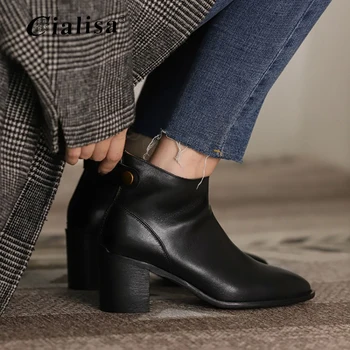 

CIALISA Women Shoes Fashion Round Toe Genuine Leather Zipper Ankle Boots 2020 New Design High Heel Autumn Winter Ladies Boots