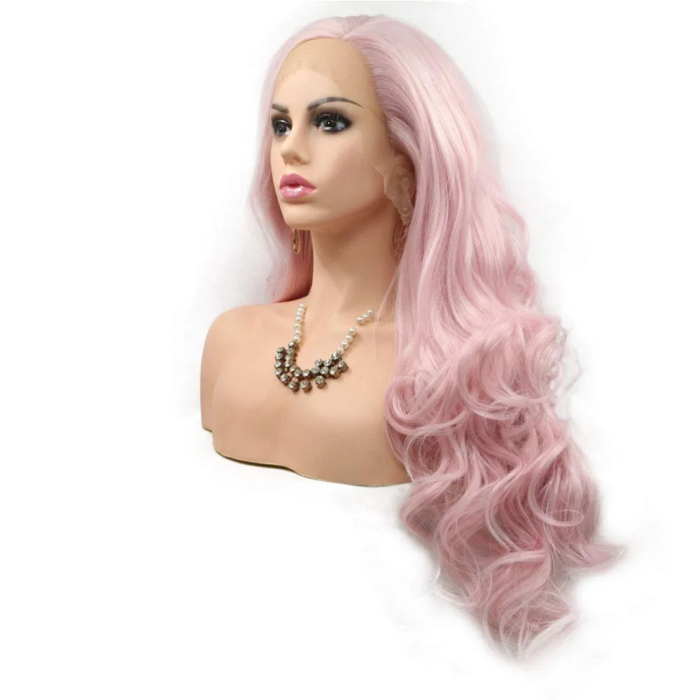 Cor-de-rosa da Hortelã Dianteira do Laço da Onda do Corpo Longo com Linha Peruca Sintética Verde Azul Escuro Neon Fina Natural 4 Perucas sintéticas
