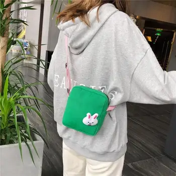

Women Small Square Canvas Messenger Bag Cute Rabbit Shoulder Crossbody Bag Outdoor Casual Female Zip Belt Money Purse