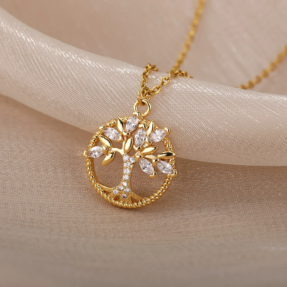 Zircon Tree of Life Pendant Necklaces Stainless Steel Chain