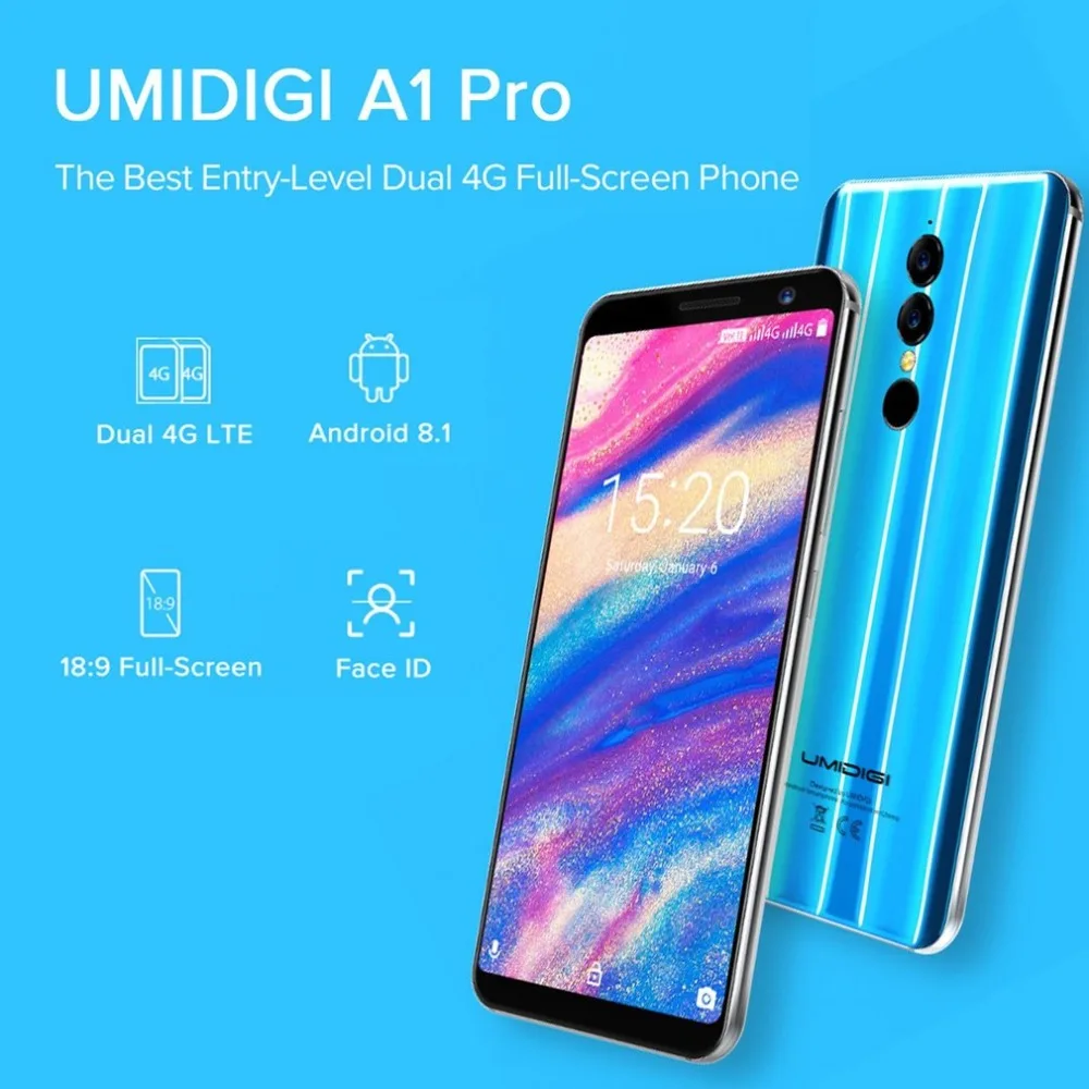 UMIDIGI A1 PRO 5,5 дюймовый двойной 4G Android 8,1 смартфон MTK6739 1,5 ГГц четырехъядерный 3 ГБ+ 16 Гб Тройная камера распознавания лица