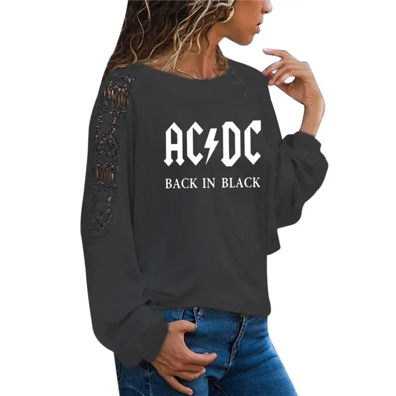 1 Группа ACDC рок футболка женская ACDC Письмо Печатные Графические футболки хип хоп Рэп музыка с длинным рукавом большой размер свободные кружева топы тройник - Цвет: 1