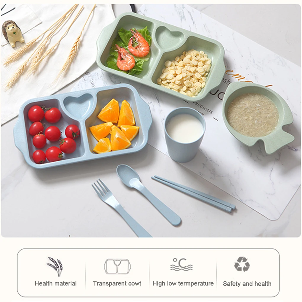 6pcs Kids Dinnerware Set Lightweight Plate with Dividers and Handle Degradable Dishwasher Safe Plastic