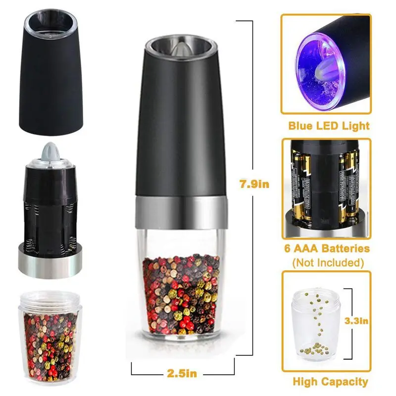 

Premium Gravity Electric Salt and Pepper Grinder Set of 2 Battery Powered Salt Shakers, Automatic One Hand Pepper Mills with L