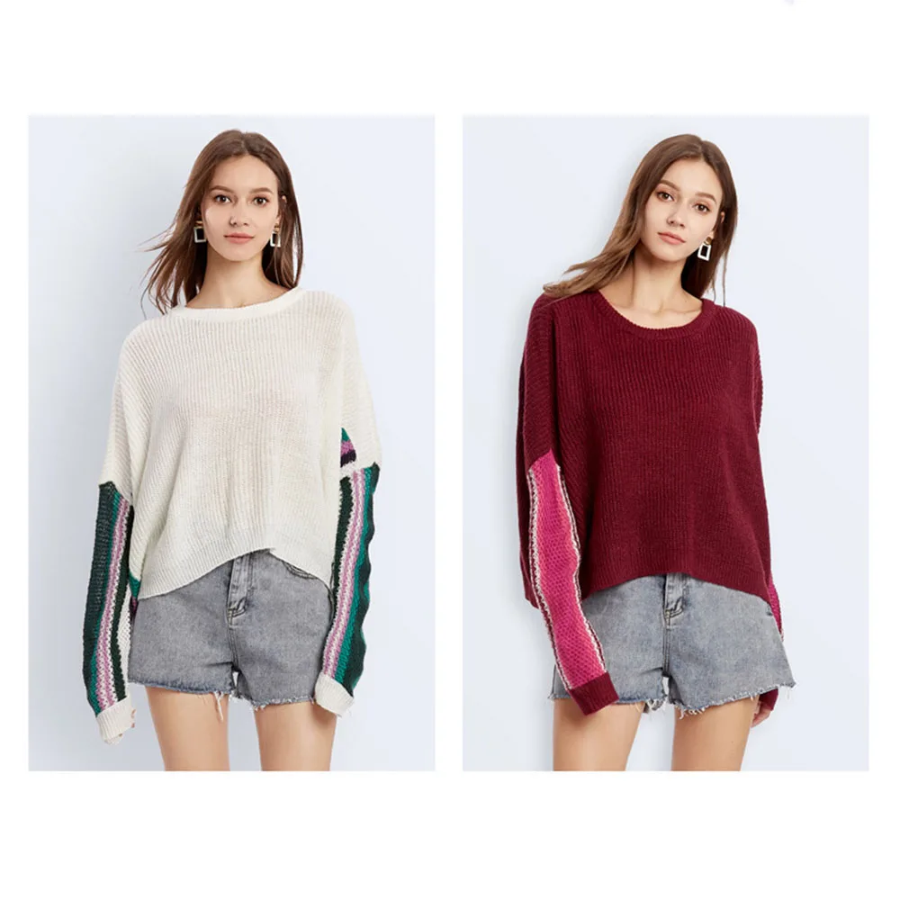 

2019 New European and American Women's Clothes Loose Pullover Sweater Contrast Bat Sleeve Sweater Clothing