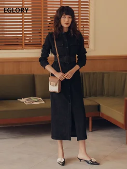 

Velvet Dress 2020 Spring Style Women Stand Neck Chest Pocket Patchwork Tunic Buttons Long Sleeve Mid-Calf Black Dress Outwear