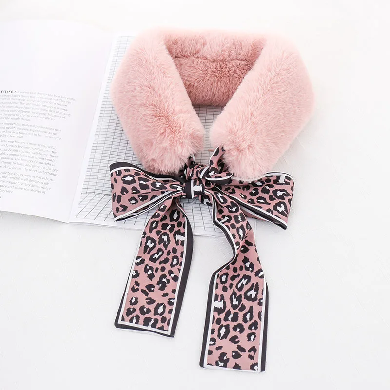 

New Korean Plush Leopard Scarf Ribbon Winter Faux fur Unisex Warm Collar Wraps Fashion Neckerchief Small Beautiful Neck Scarves