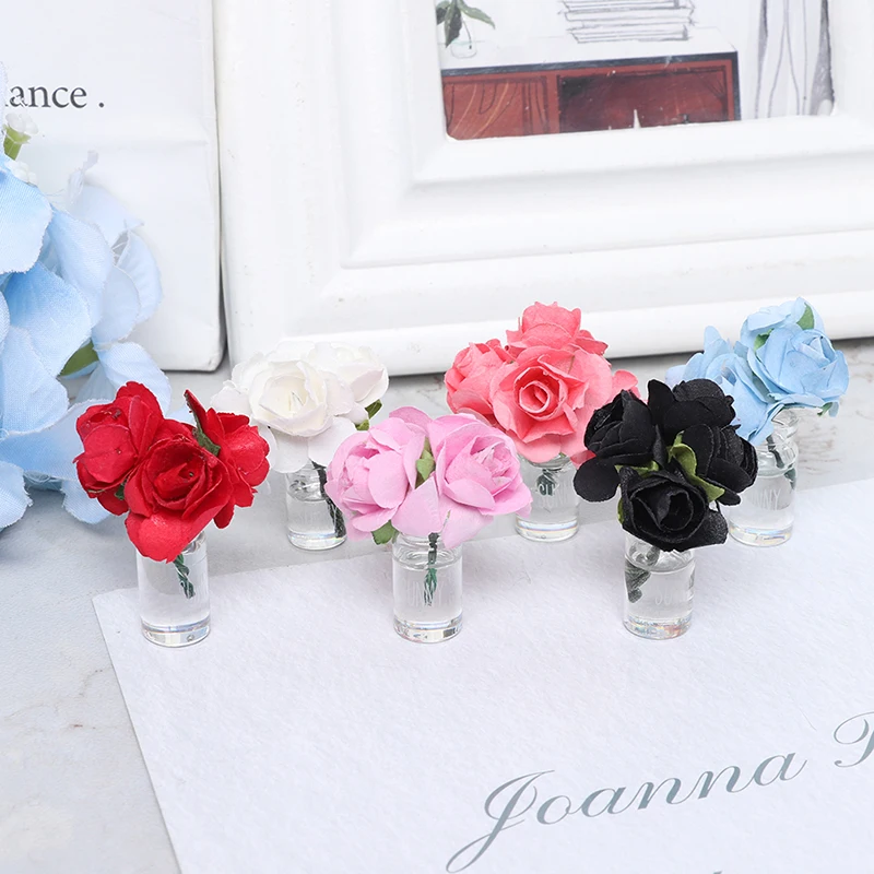 

New 1/12 Mini Dollhouse Miniature Green Plant Rose In Bottle Garden Flower Arrangement Decor Toys Doll House Accessories