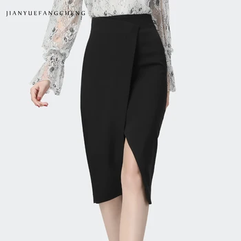 

Fashion Split Black Pencil Skirt Women High Waist Midi Wrapped Skirts 2020 Spring Summer Elegant Office Ladies Work Wear Bottoms
