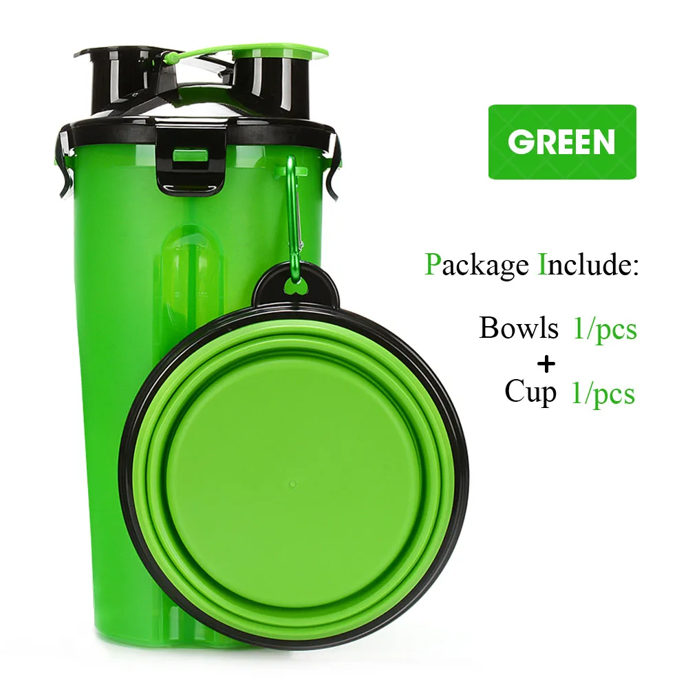 green wIth 1 bowl Портативная 2 в 1 ПЭТ бутылка для воды контейнер для еды со складной силиконовой миской для домашних животных уличная дорожная кормушка для кошек и собак чашка - Цвет: green wIth 1 bowl