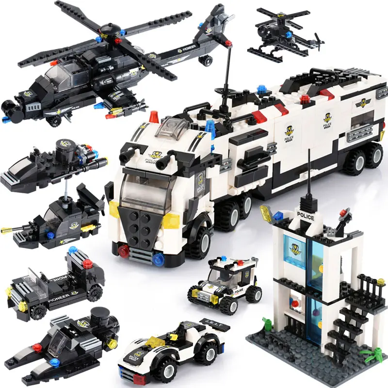 

City Police Station Blocks Sets DIY Police Truck Helicopter Building Blocks Compatible LegoINGlys Assemble Vehicle Bricks Toys