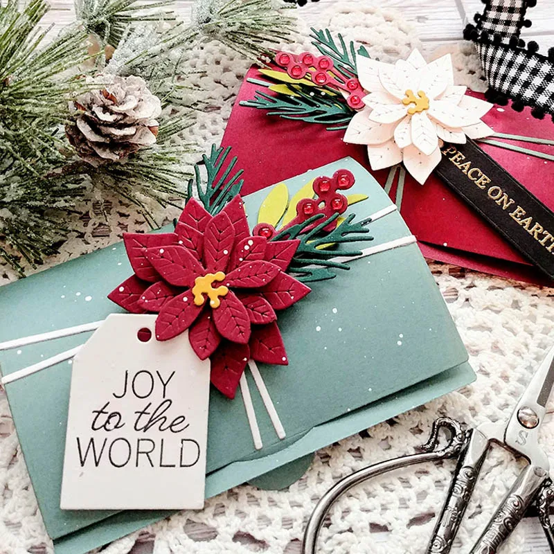 Рождественский подарок-открытка+ Poinsettia украшения для резки металла Poinsettia& листья+ Подарочная открытка высечки для изготовления открыток