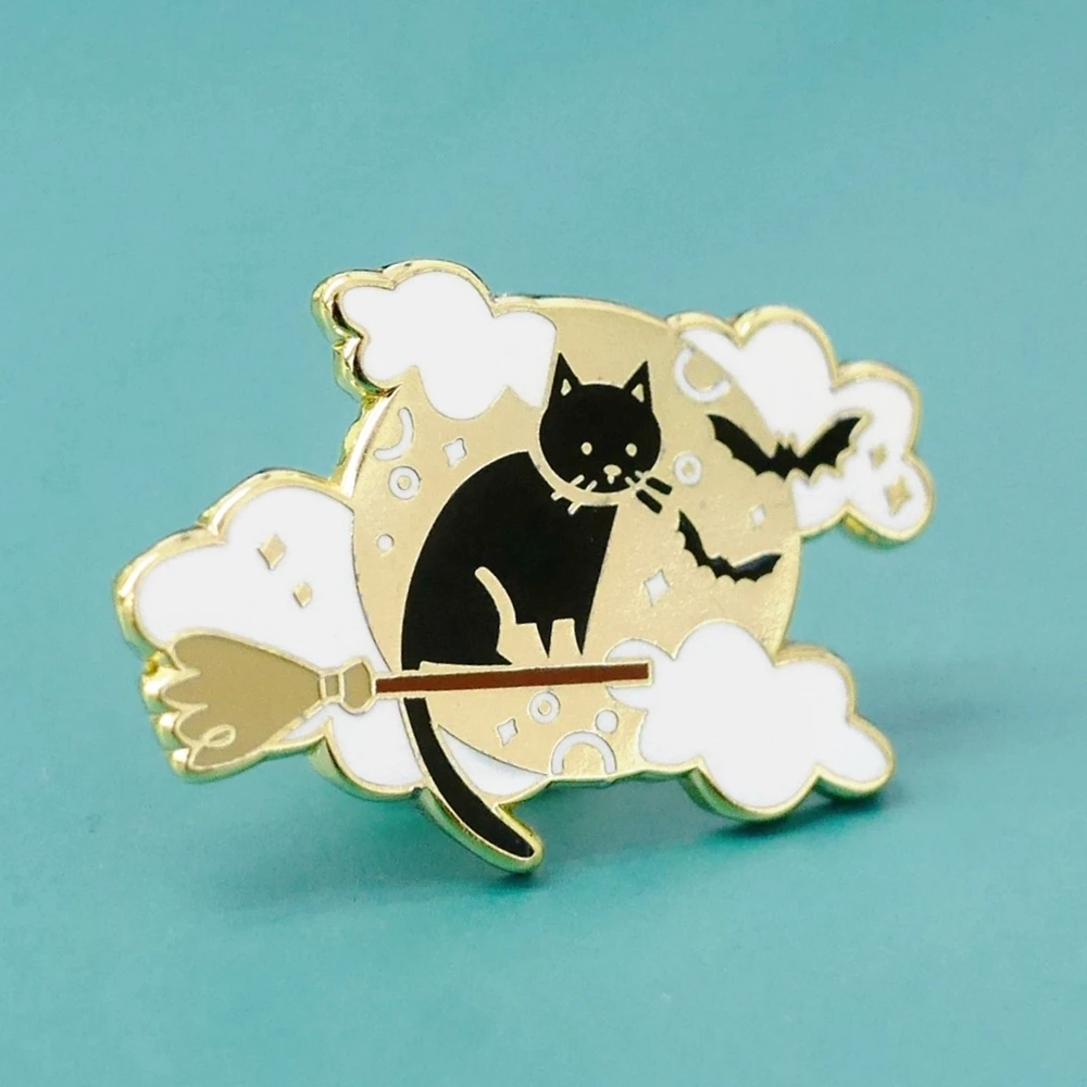 

Witch Black Cat Hard Enamel Pins Cute Cartoon Flying At Night Bat Jacket Jeans Badge Brooch Fashion Accessories