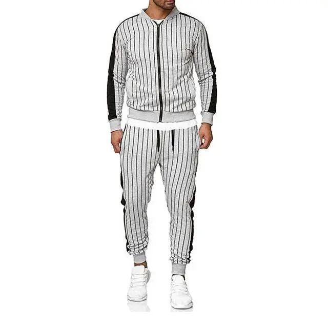 Light Grey Sets Men Брендовый спортивный костюм для мужчин, комплект из 2 предметов, осень, корейская мода, полосатый Бейсбольный воротник, толстовка и джоггеры, штаны в стиле хип-хоп - Цвет: Light Grey Sets Men