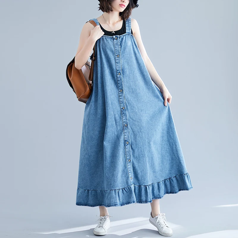 Free Shipping 2021 New Single Breasted Cotton Denim Dresses For Women Long Mid-calf Spaghetti Strap Jeans M-2XL Plus Size Dress