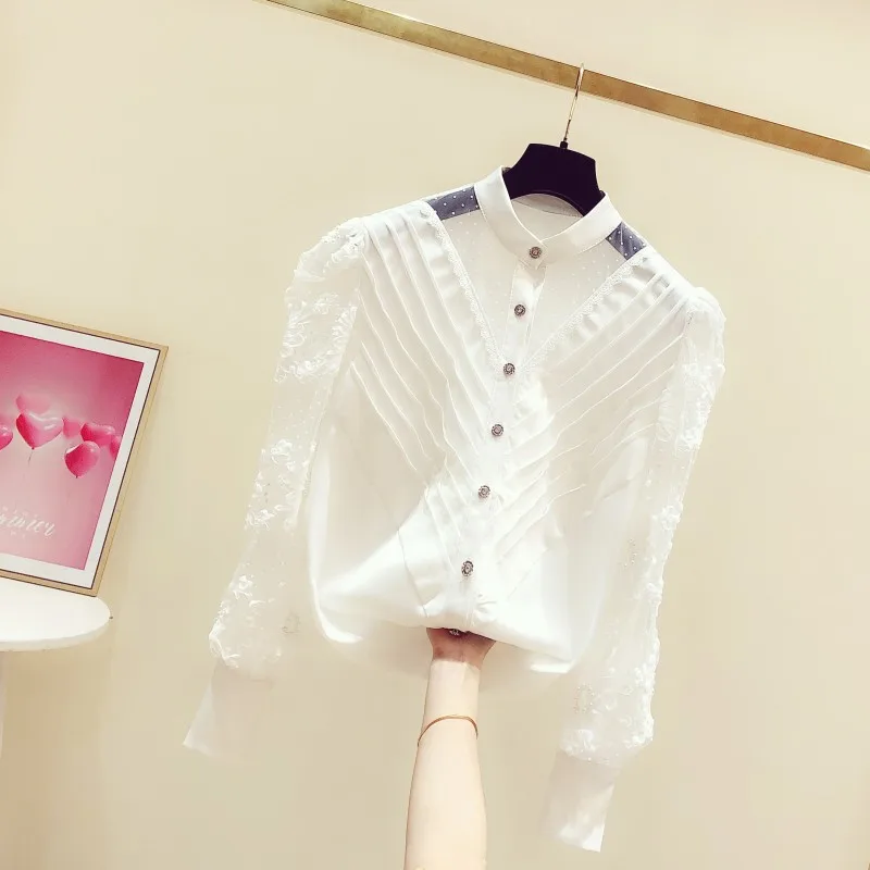 

2020 Spring New Korean Beaded Lace Panel Microlens Stand-Collar Long-Sleeve Shirt Casual Women's Blouses and Tops Blusas Femme