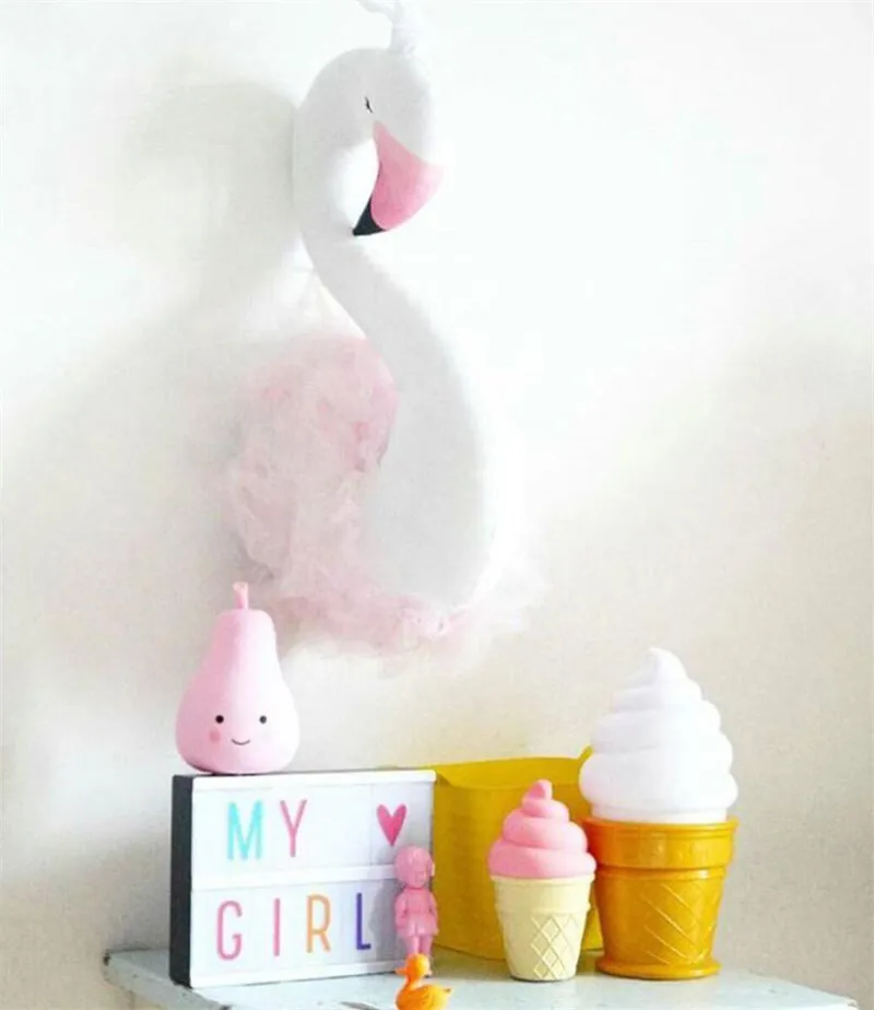 Nordic Style Pink White Swan Animals Head Wall Mount Hanging Stuff Plush Toys Princess Kids Room Wall Decor Dolls Photo Props (50)